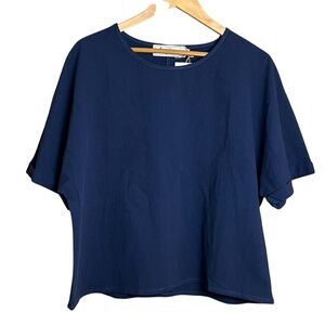 Anytree Top Dark Blue Pull on Size L Cotton Hemp Blend NEW Short Sleeve w. cuff
